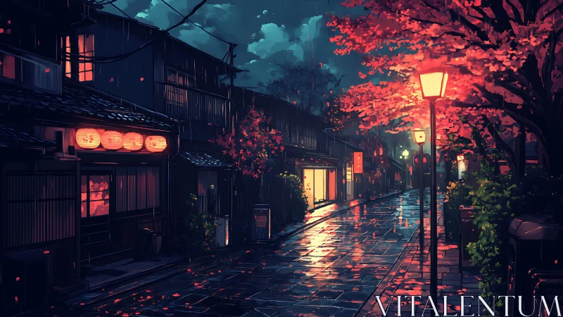 Rain-soaked Kyoto alley glows under crimson lanterns.