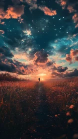 Solitary figure on sunset path under glowing cloud sky.