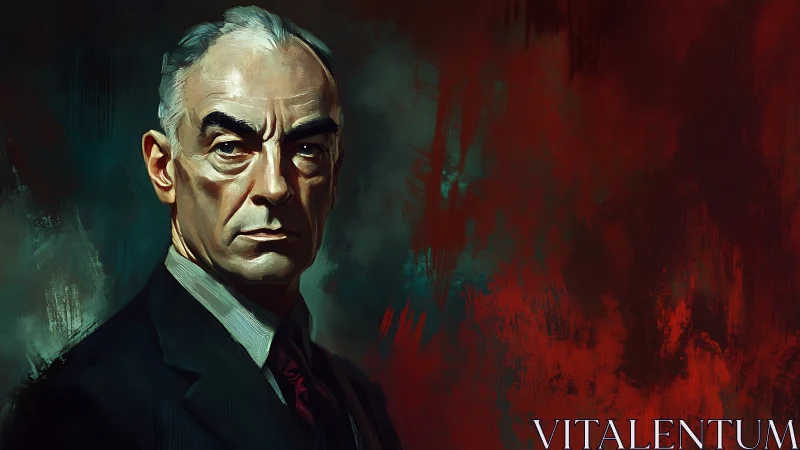 Stern older man in suit faces viewer against abstract backdrop