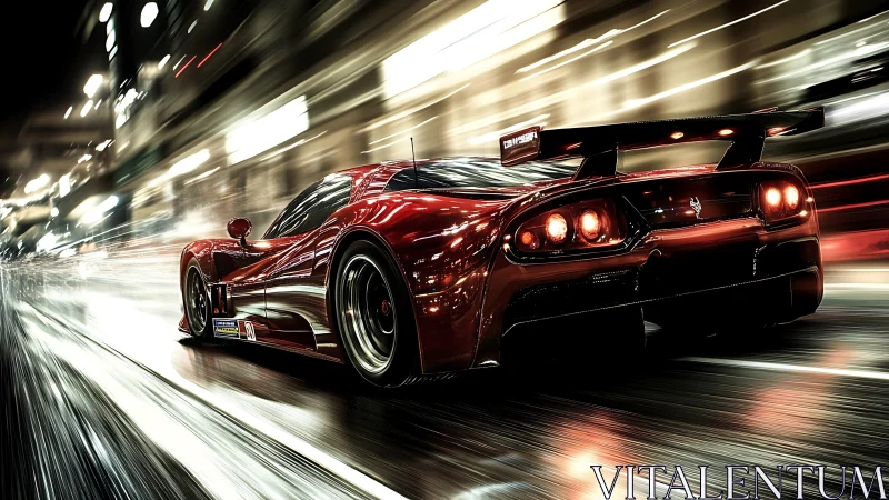 Red racing car on wet city street with light motion trails.