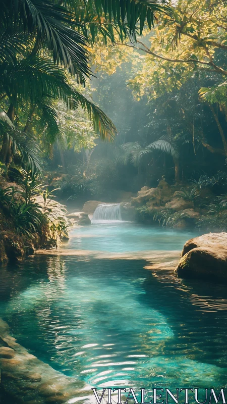 Tropical lagoon pool reflects cascading jungle waterfall.