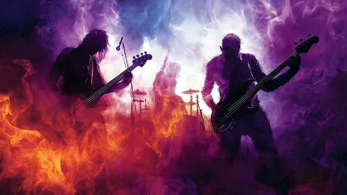 Rock band silhouettes in vivid purple and orange smoke.