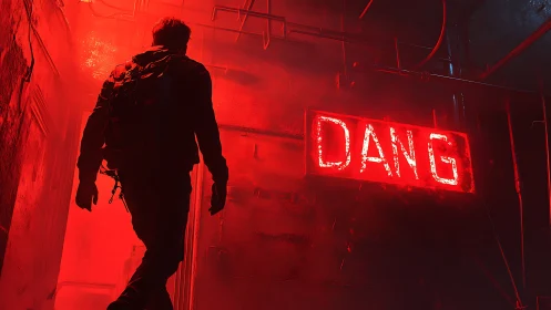 Neon alley encounter lit by a bold red DANG sign.