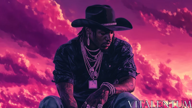 Cowboy rapper broods under neon magenta storm sky.