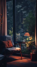 Cozy reading nook by lamplit window overlooking twilight garden.