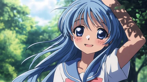 Blue-haired anime girl stands outdoors under dappled sunlight