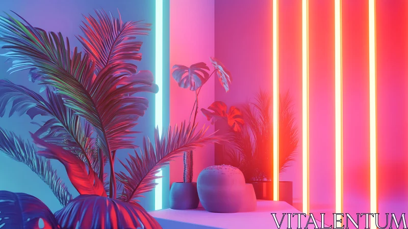 Neon lit tropical plants with cyan magenta gradient illumination