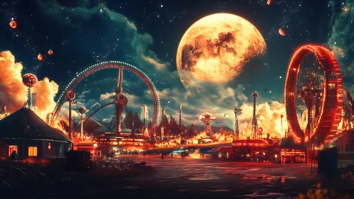 Lunar carnival blazes beneath a colossal molten moon.