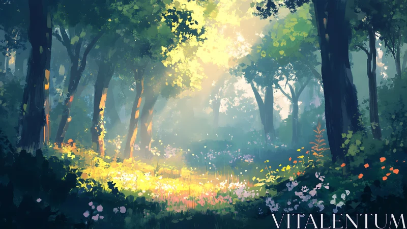 Luminous Forest Cathedral: Ancient Trees Frame Golden Wildflower Sanctuary.