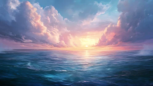 Sunlit ocean horizon under radiant pastel storm clouds.