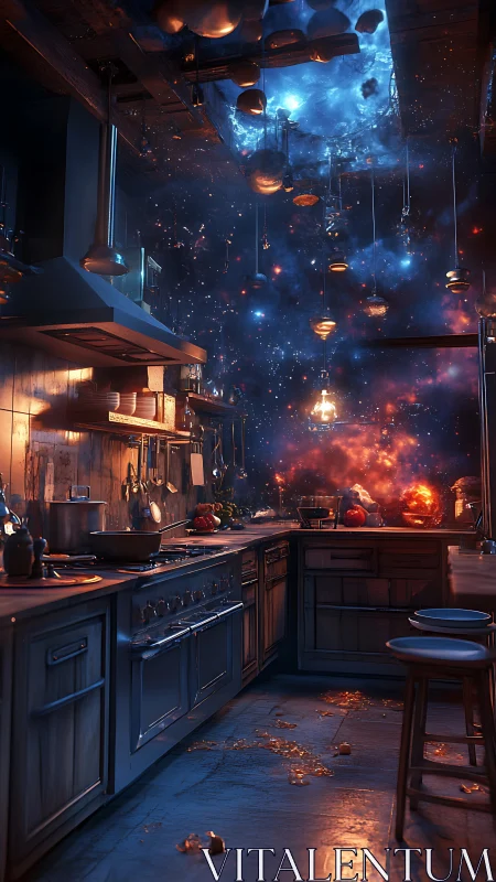 Surreal cosmic kitchen interior with galactic ceiling portal.