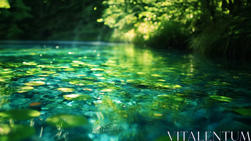 Sunlit lily leaves drift like quiet coins across emerald water