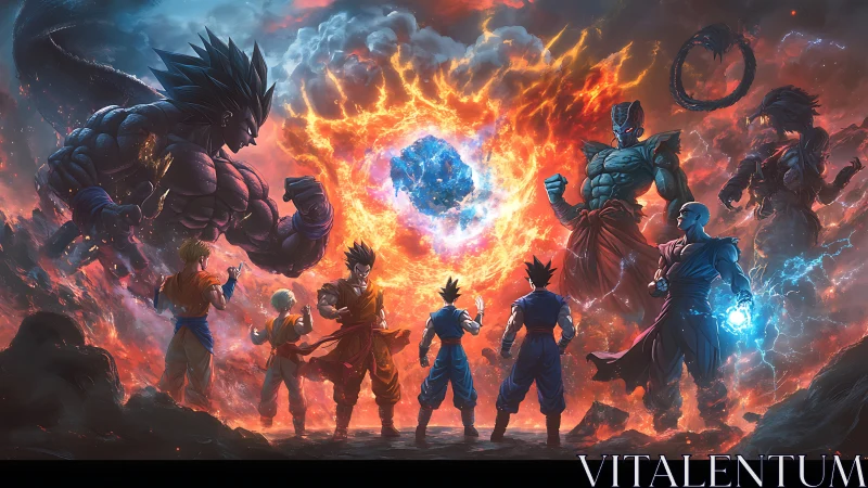 Cosmic Saiyan standoff around a blazing apocalyptic core.
