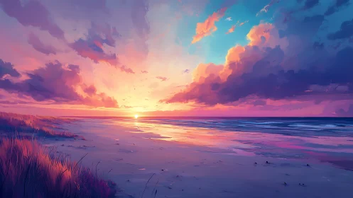 Sunlit coastal horizon renders a chromatic digital seascape