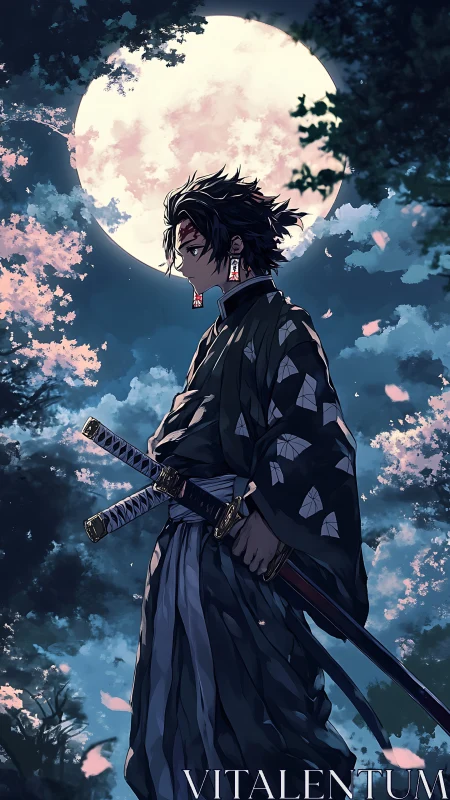 Moon-bathed ronin pausing beneath drifting sakura ghosts.