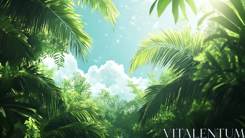 Emerald Canopy Dreams: Sky Gazing Through Palms.