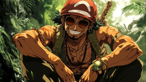 Sunlit jungle drifter laughs with treasure-map confidence