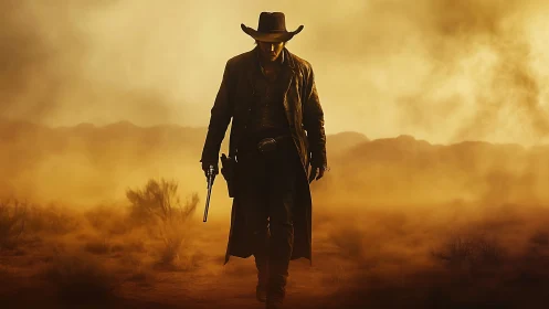 Lone desert gunslinger walking through golden dustlight.