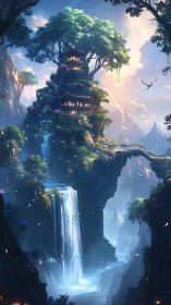 Hidden cliffside sanctuary rises among waterfalls and light