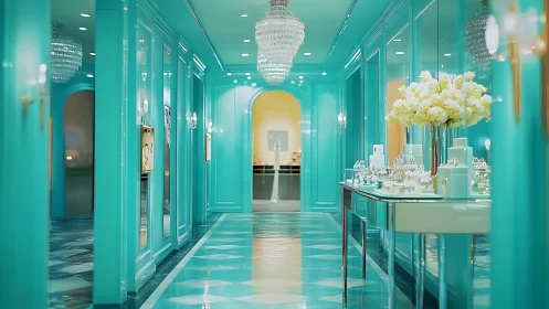 Turquoise luxury hallway with mirrored walls and chandeliers.