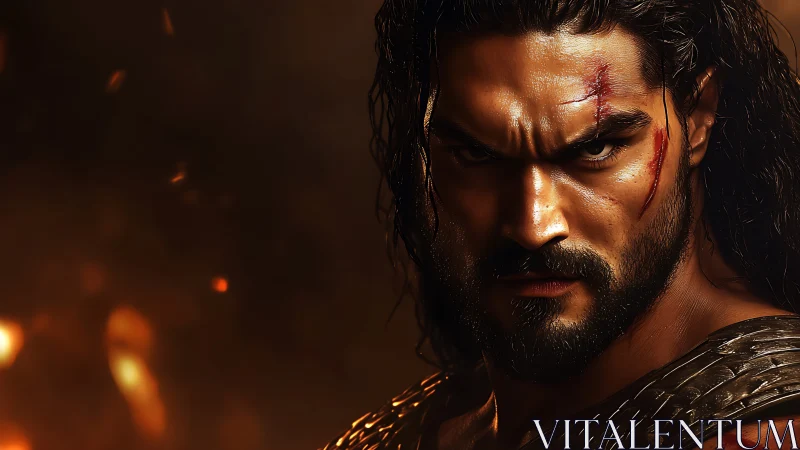 Battle-scarred warrior in intense cinematic close-up lighting