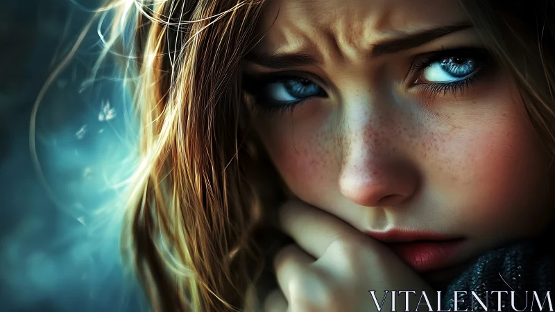 Close worried portrait of freckled girl with blue eyes.