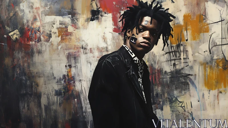 Young person stands before layered abstract painted wall