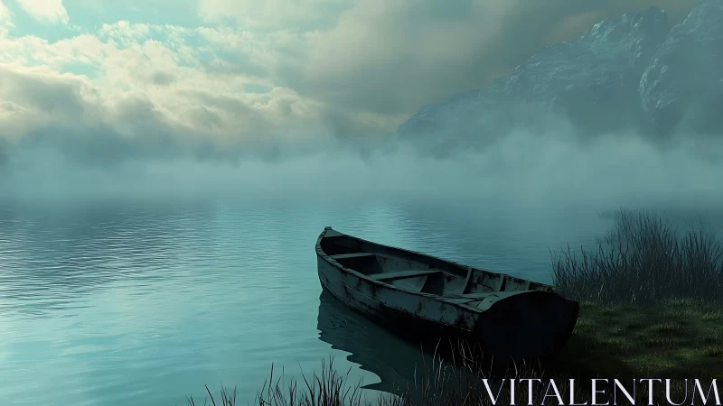 Rowboat on misty lake near reeds and distant rocky shore.