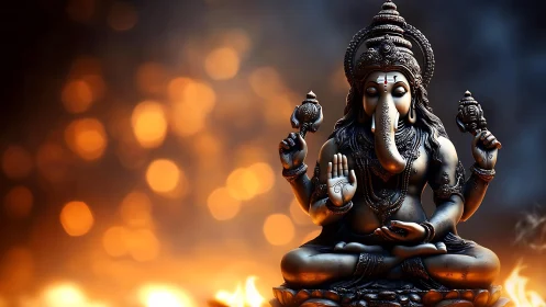 Elephant-headed deity sculpture in fiery bokeh-lit environment.