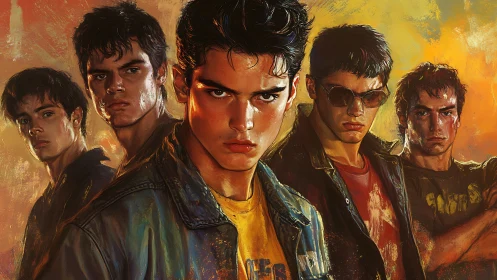 Neo-noir portrait of five defiant teenage boys in leather