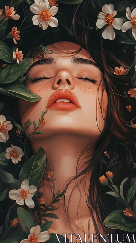 Blossoms cradle a dreaming face in soft, luminous stillness