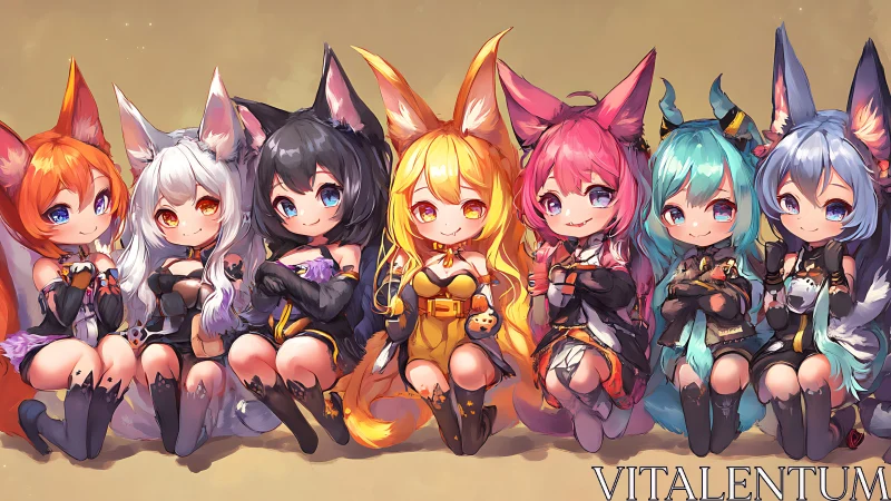 Chibi fox-eared girls align in vibrant pastel outfits.