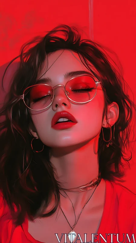 Portrait of woman in red lighting with glasses and jewelry.