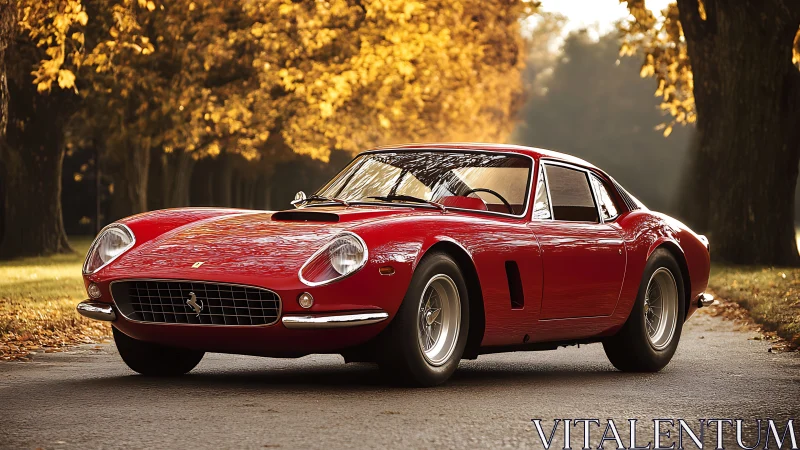 Crimson classic sports car glows along a calm autumn lane