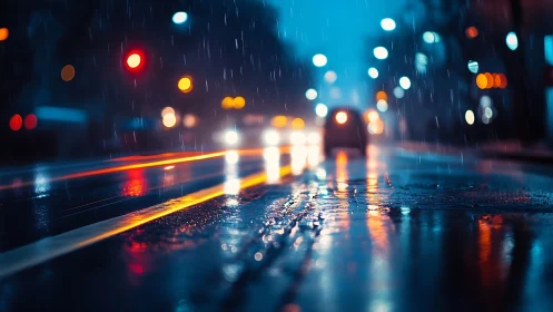 Rain-soaked city street captures bokeh headlights and neon trails
