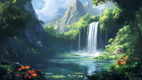 Lush mountain gorge waterfall with reflective forest lagoon