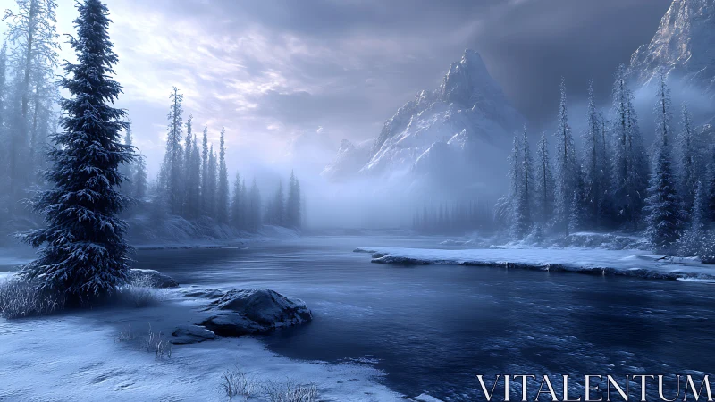 Icy alpine river reflects misted peaks in cold blue twilight