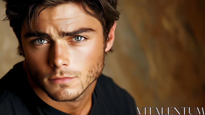 Close portrait of intense young man with stubble and gaze.