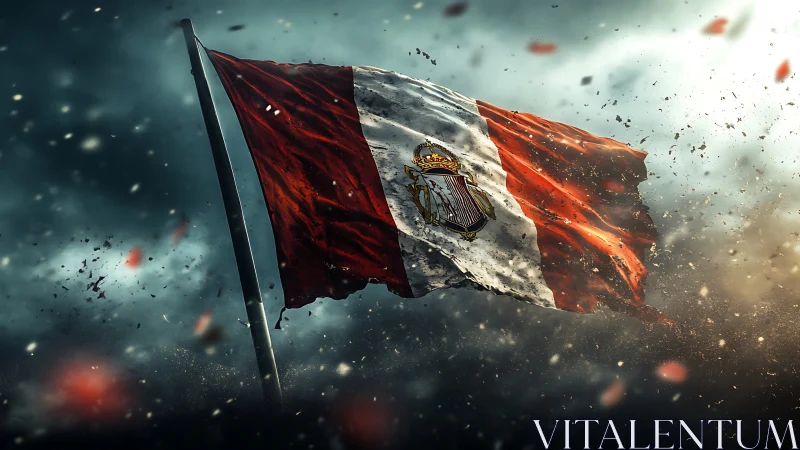 Weathered tricolour flag with crest flutters in storm sky