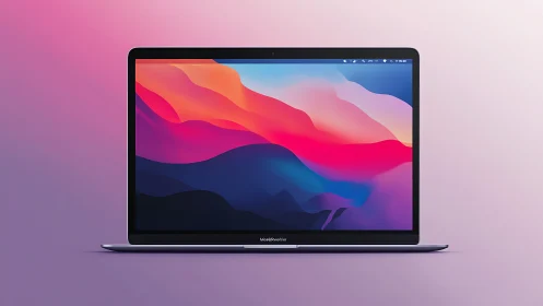 Sleek laptop cradling neon waves on a pastel horizon.