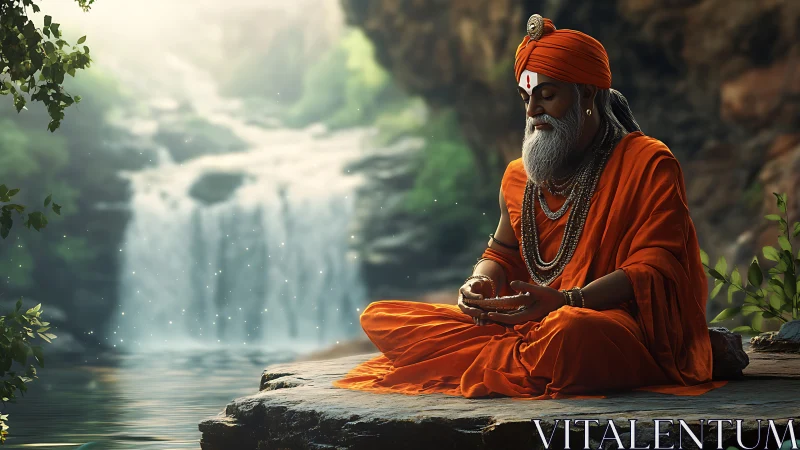 Serene sage in orange robes meditating by forest waterfall.