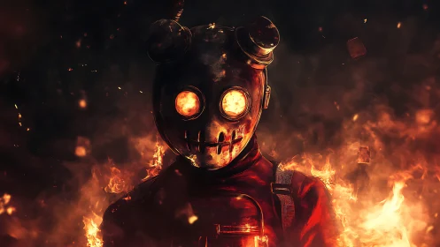 Pyroclastic gasmask effigy amid volumetric flame field.