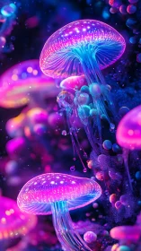 Neon jellyfish forms in dense underwater style backdrop.