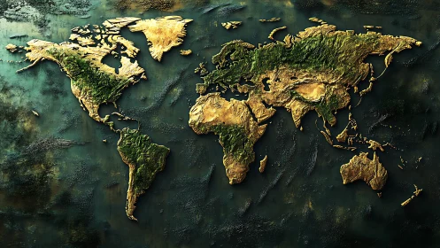 Relief world map with textured continents on dark surface.