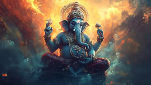 Celestial blue Ganesha deity amid fiery volumetric clouds