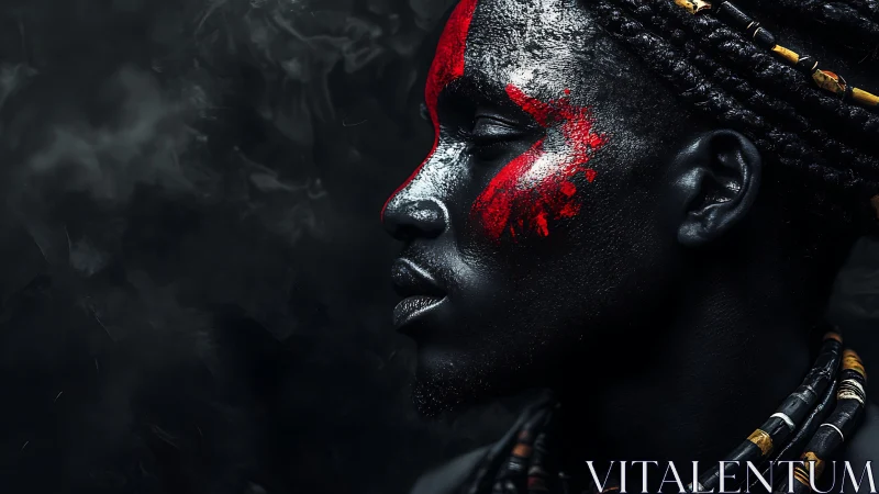 Profile portrait shows painted warrior with vivid red markings