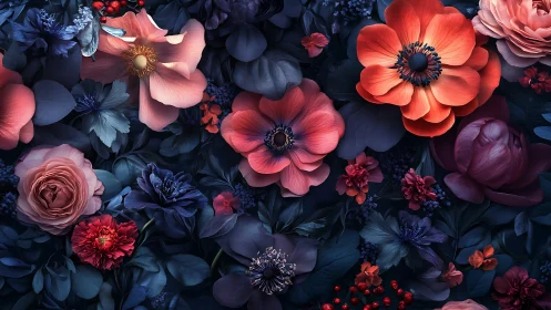 Deep Tones Floral Cascade Against Midnight Shadows.