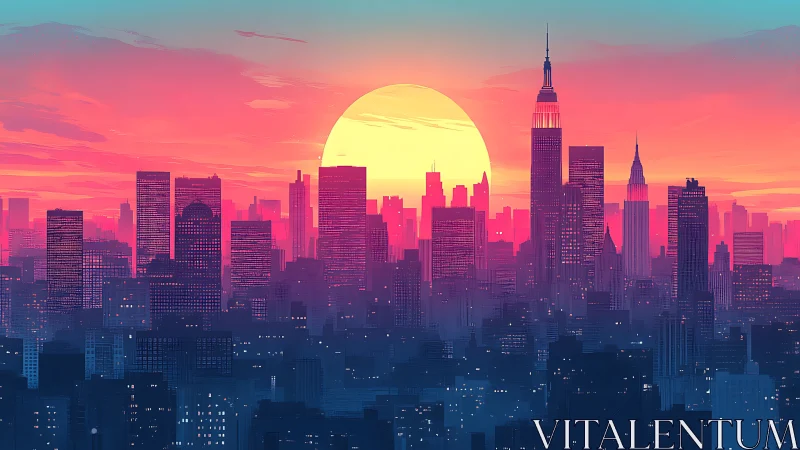 Neon sunset city skyline wrapped in dreamy evening glow.