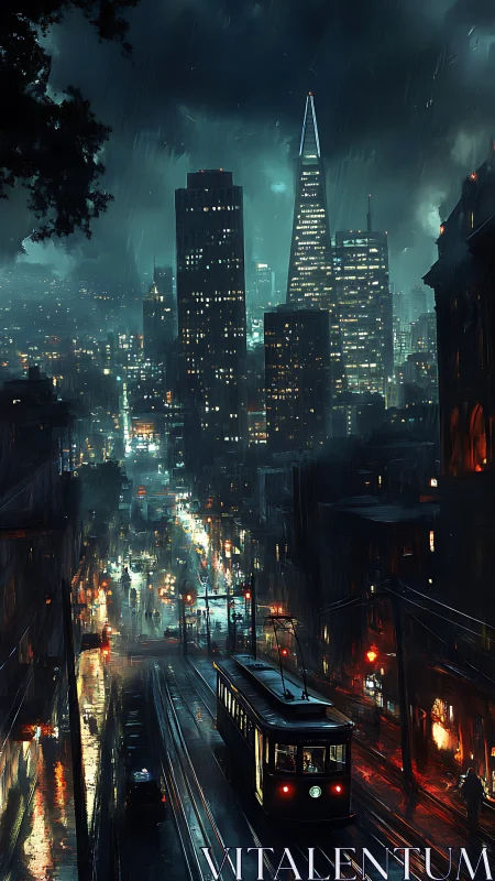 Rain-soaked night tram descends neon-lit downtown street