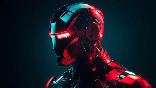 Futuristic red armored robot helmet under neon rim light.